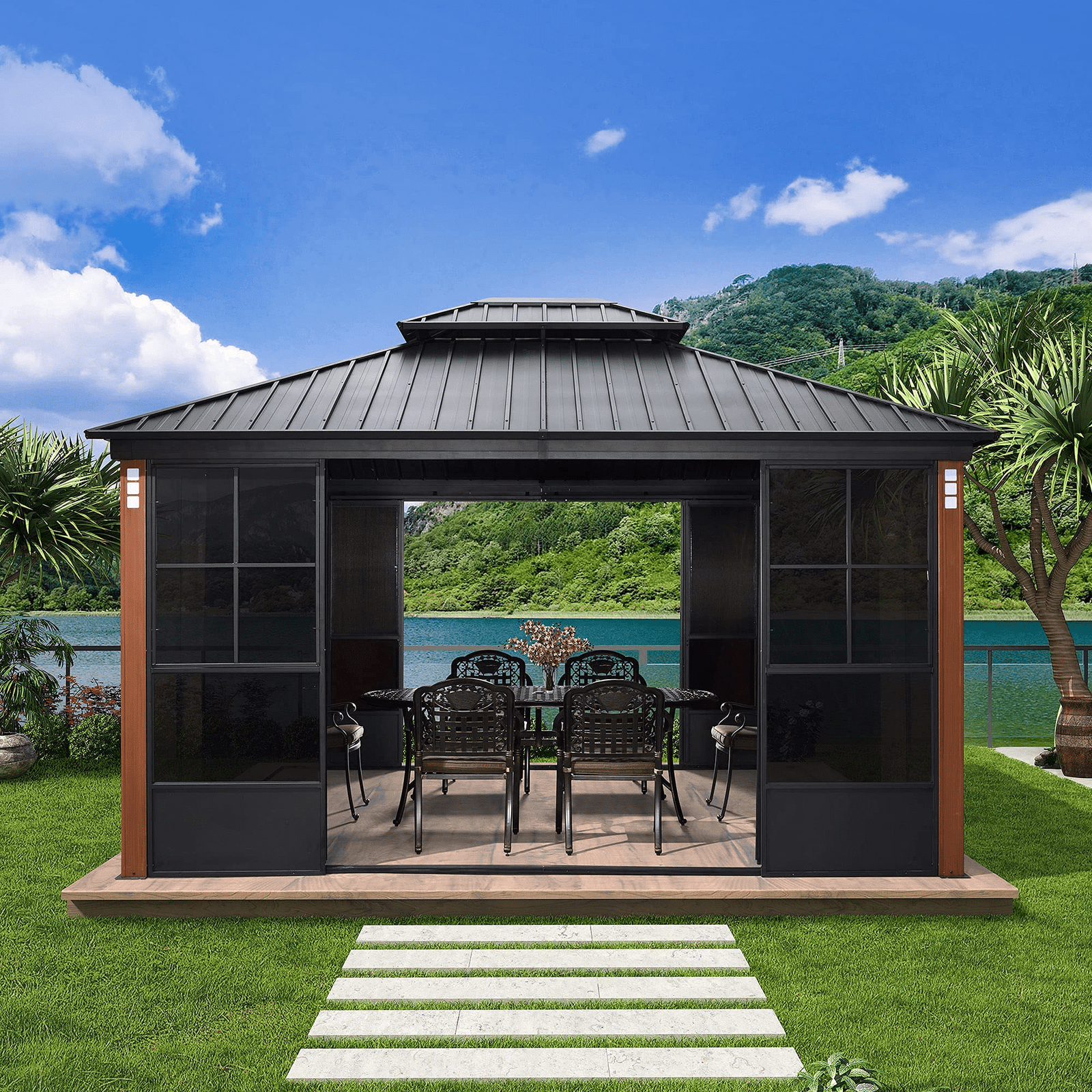 Hardtop Gazebo For Patio Screen House Backyard Sunroom With LED Lights Outdoor Aluminum Solarium Canopy 12' x 14'